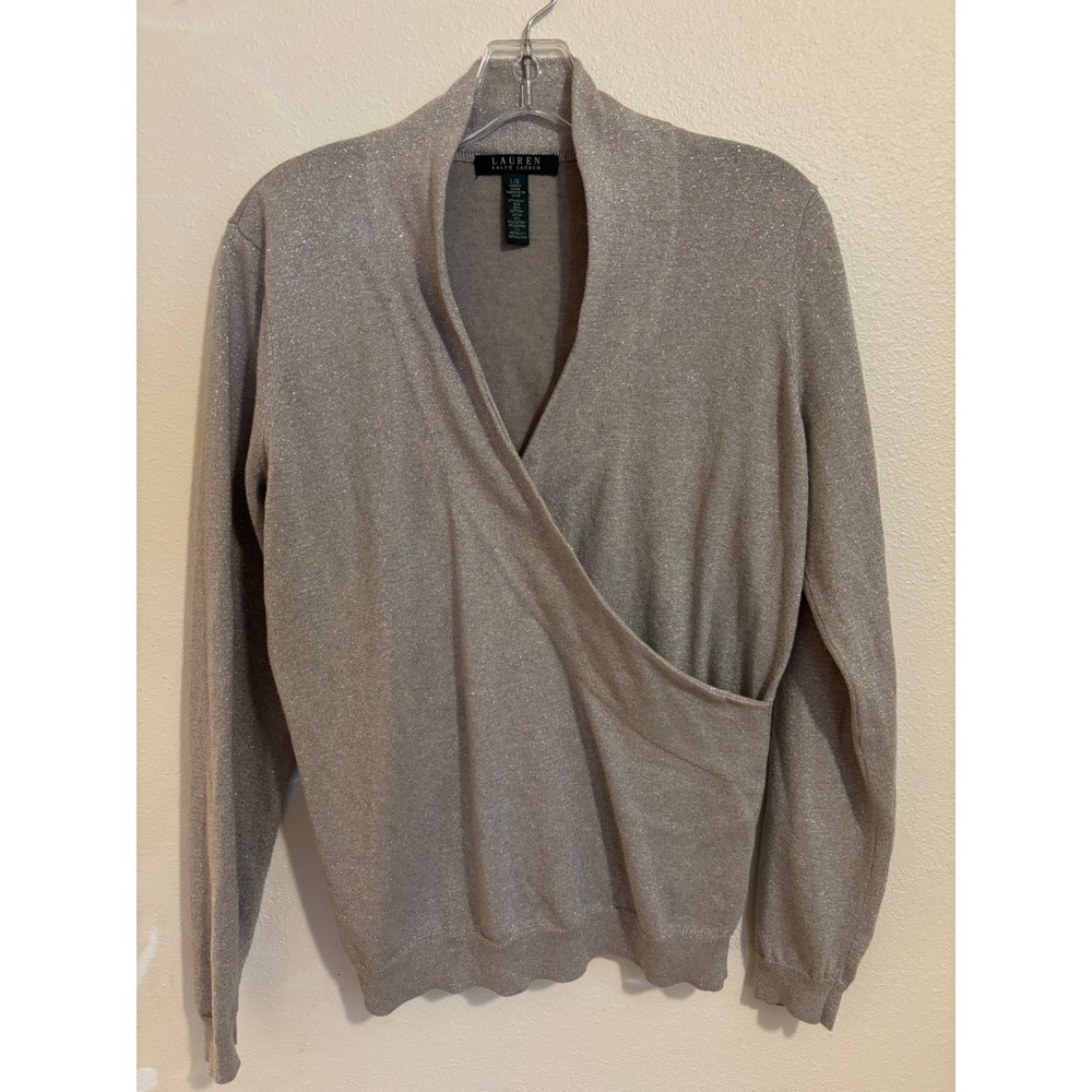 Lauren Ralph Lauren Metallic Silk Blend Surplice Wrap Sweater  Silver